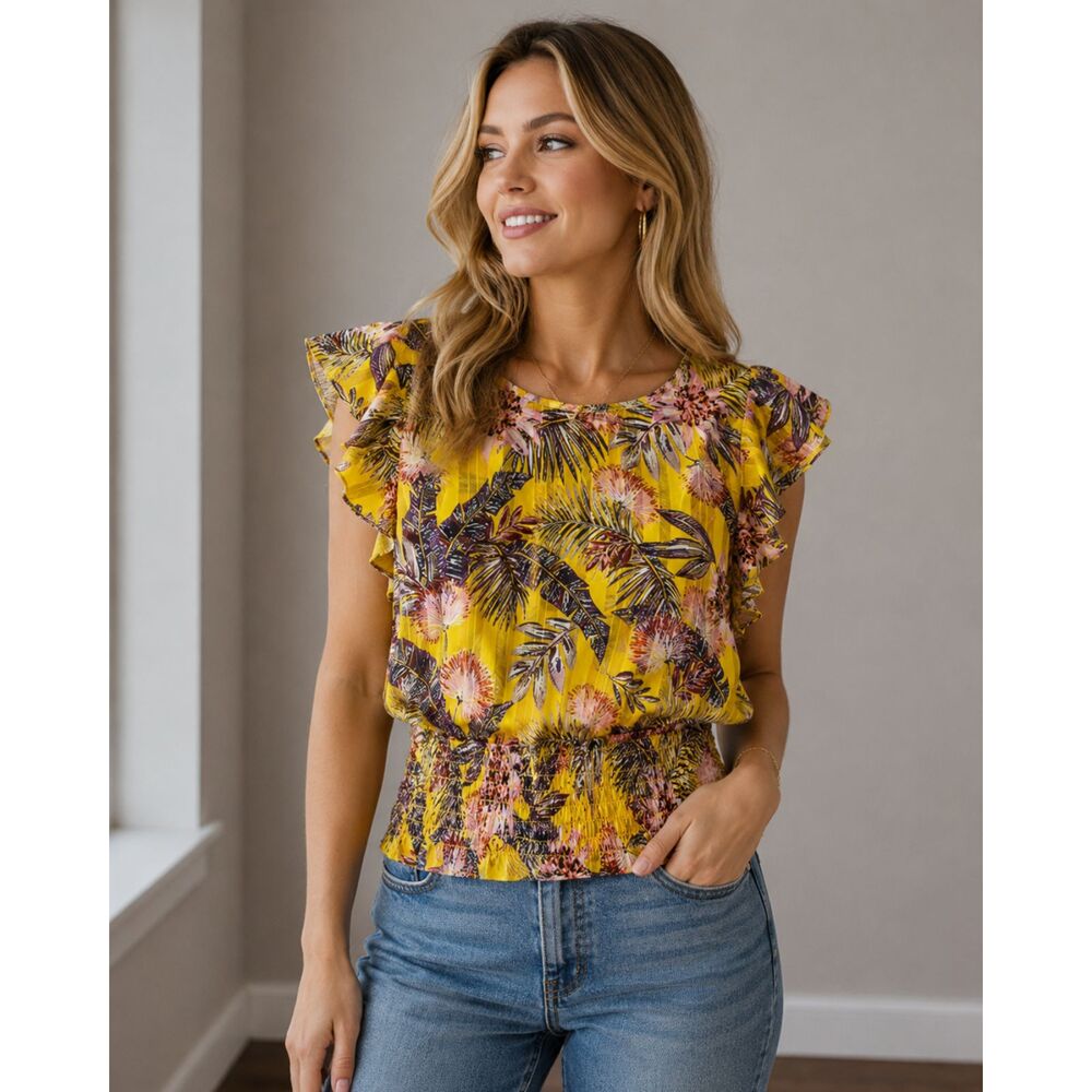 Pleione Yellow Floral Ruffle Sleeve Blouse Smocked Waist Women's Medium